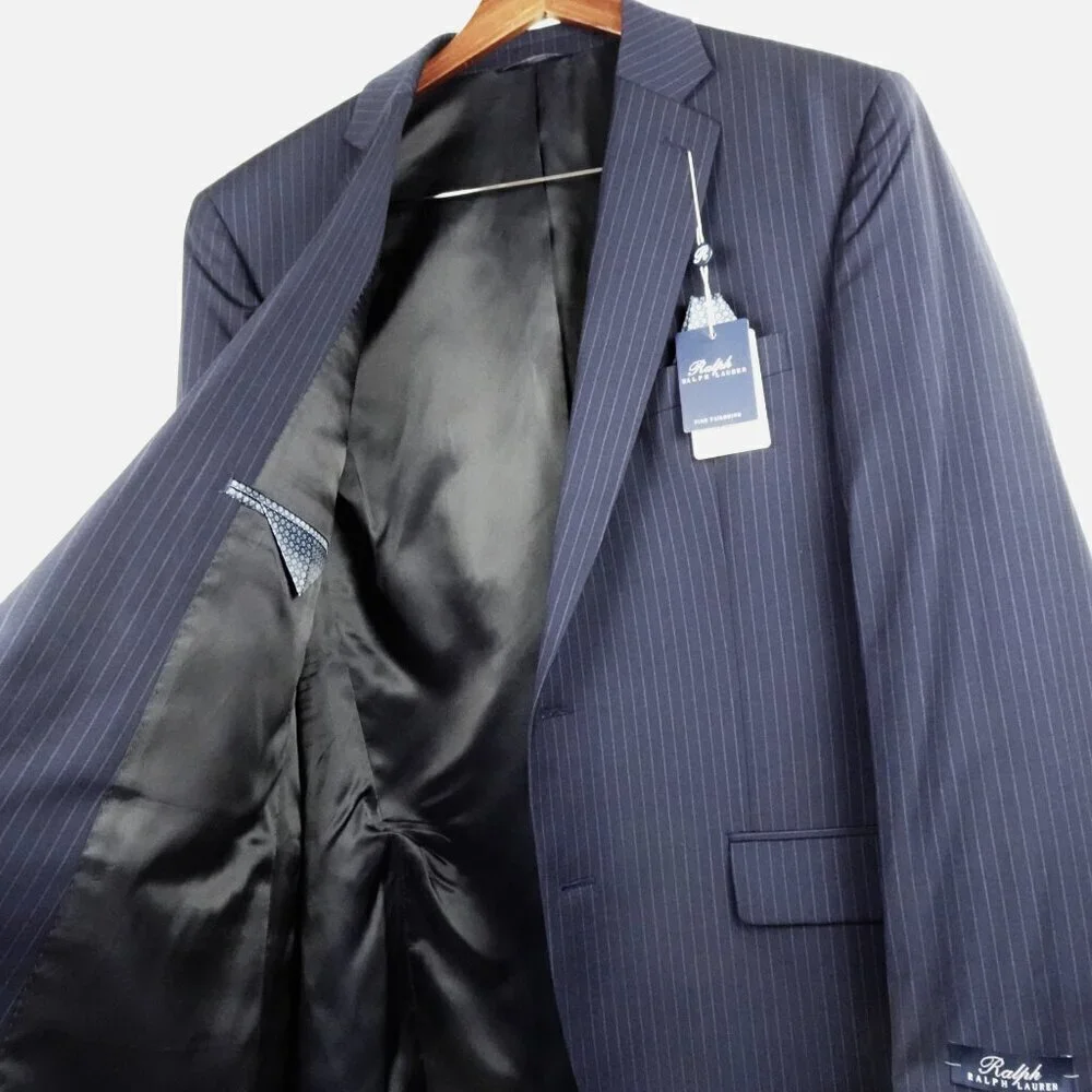 Ralph Lauren Blazer Men's 44L Long Wool Classic-Fit Suit Jacket Blue Pinstripe